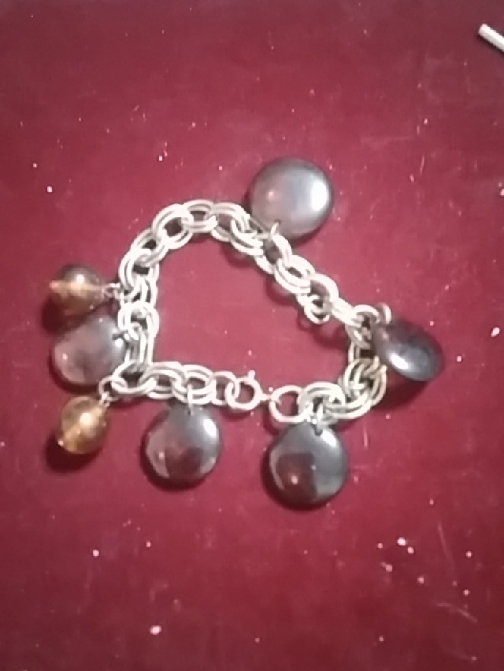 Silver Chain Charm Bracelet with Black and Amber Beads